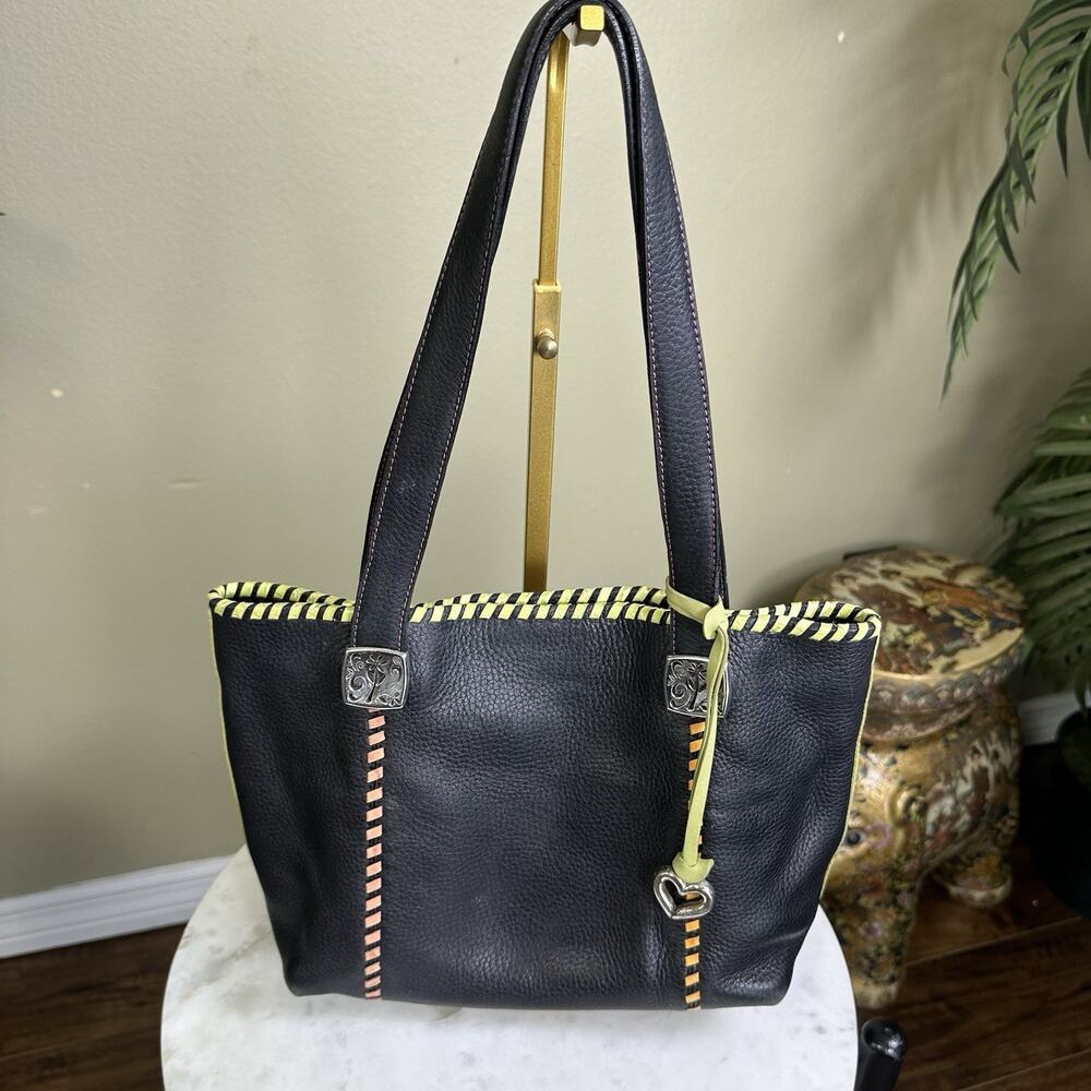 Brighton Satchel Tote Leather Whipstitch Pebbled black leather Silver hardware